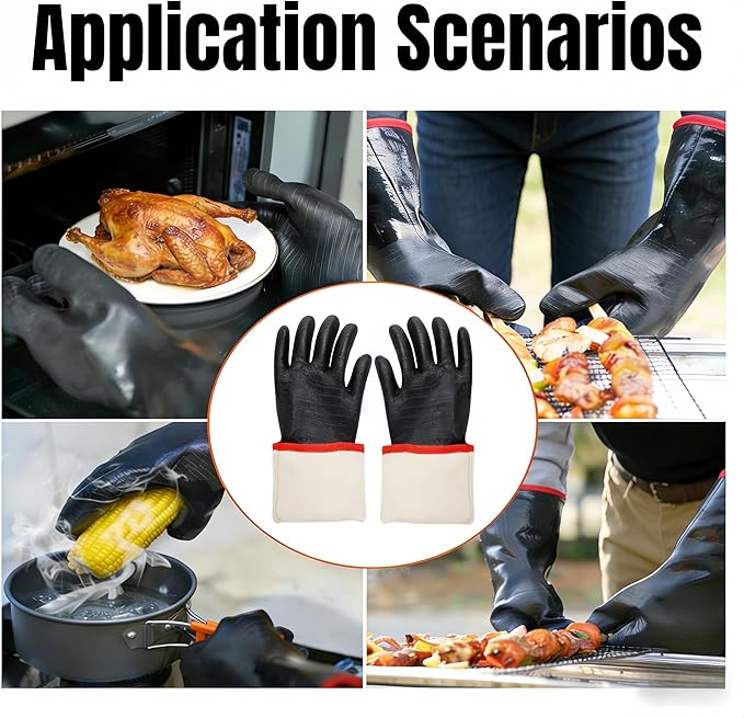 14 Inch BBQ Grill Flame Retardant Heat Insulation Gloves, Neoprene & Cotton Lining, 932°F Heat Resistant Oven Mitts, Non-Burning Anti-Slip Grilling Gloves for Kitchen/BBQ/Camping/High-Temp Work