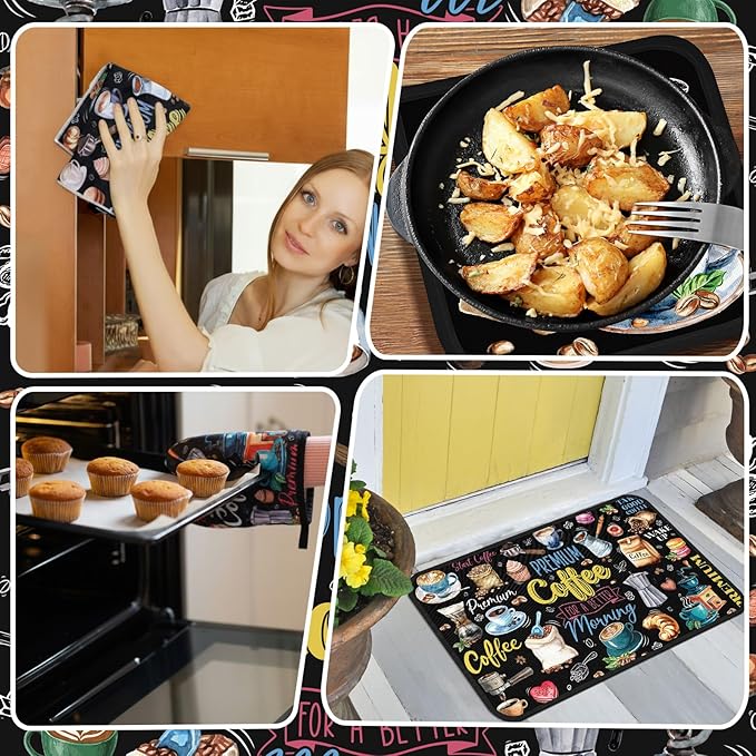 Fourluoo 10 Pcs Coffee Kitchen Decor Set Coffee Kitchen Dish Towels Oven Mitts and Pot Holders Farmhouse Rugs Mats Vintage Black Potholders for Chef Baking Cooking Grilling BBQ Women Accessories Gift