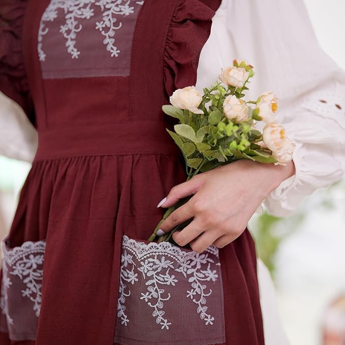 Aoomzoon Vintage Aprons for Women with Pockets Cute Lace Ruffle Adjustable Apron for Cooking Kitchen Baking Gardening
