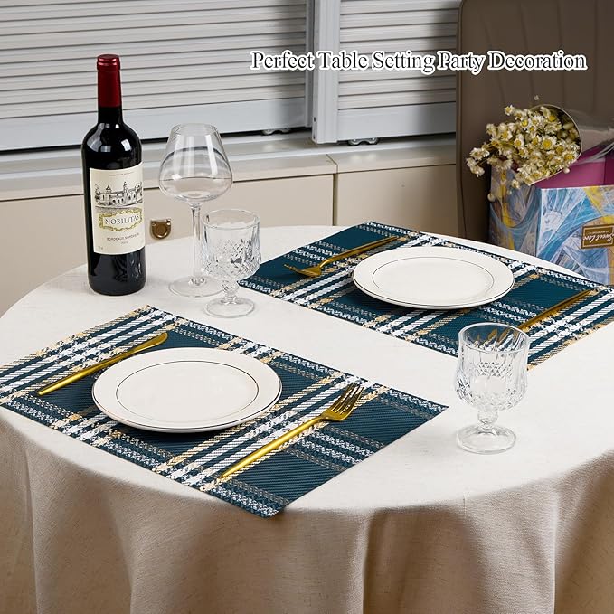 Placemats Set of 6, Washable Vinyl Place Mats Heat Resistant PVC Weave Table Mats for Dining Table Decoration Indoor/Outdoor Non-Slip Easy to Clean (Blue)