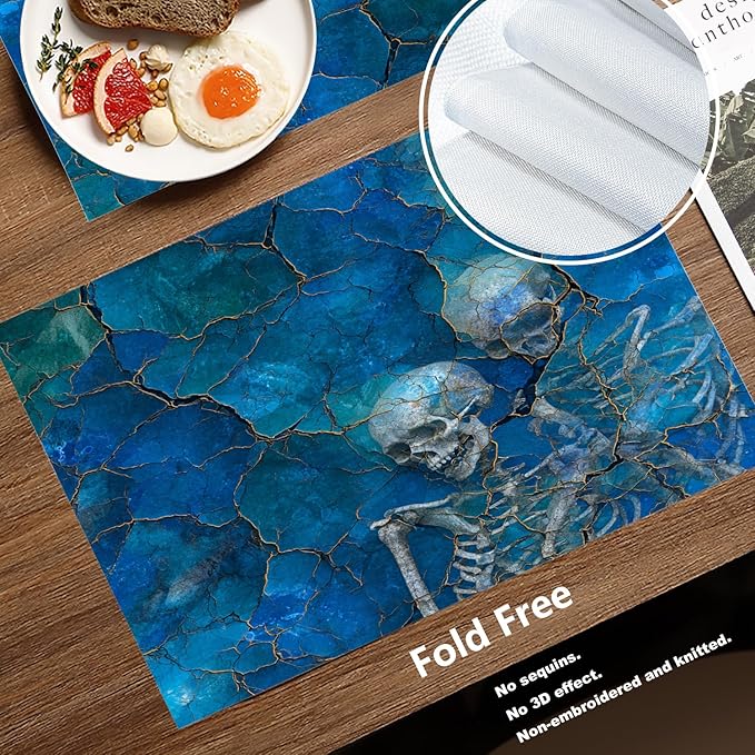 Batmerry Lapis Lazuli Skeleton Placemats, Cracked Blue with Skulls Washable Linen Table Mats for Kitchen Table Double Insulation Decor Dining Set Indoor Outdoor 12X18 in Set of 4