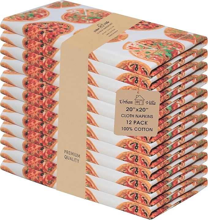 Urban Villa Dinner Napkins Pizza Print Cloth Napkins (Set of 12) Oversized 20x20 Inches 100% Cotton Premium Quality Soft Durable with Mitered Corners Reusable Washable Everyday Use Napkins
