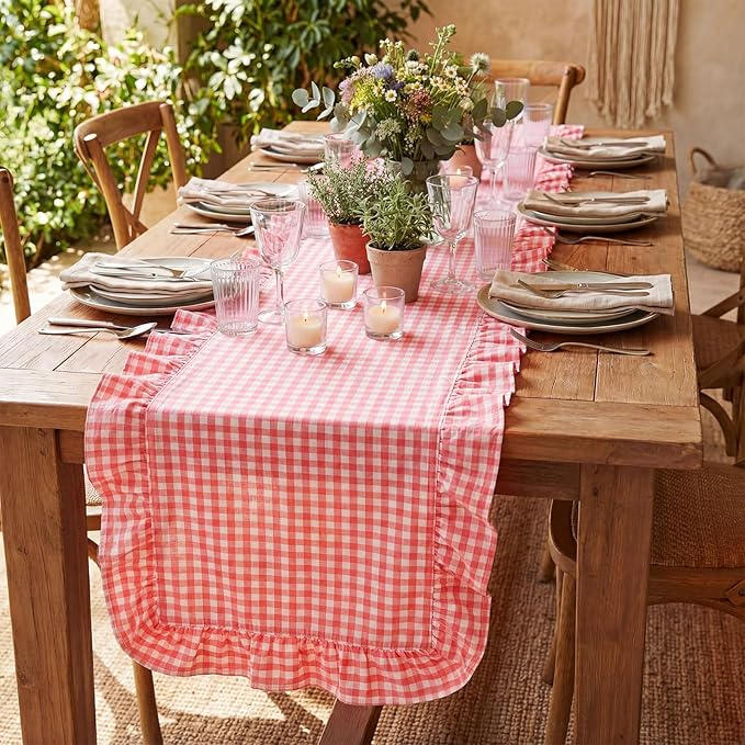 HunnmingRe 1 Pcs Pink Plaid Gingham Ruffle Table Runner 72 x 13.8'' Farmhouse Table Runner 100% Cotton Scalloped Long Dresser Scarves for Dining Room, Wedding, Kitchen Rustic Home Decor