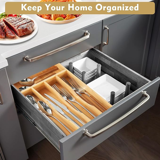 Upassion Bamboo Kitchen Drawer Organizer, 8.25 Inch Silverware Utensil Holder for Samll Drawer, Silverware Organizer for Cutlery Knives, Natural