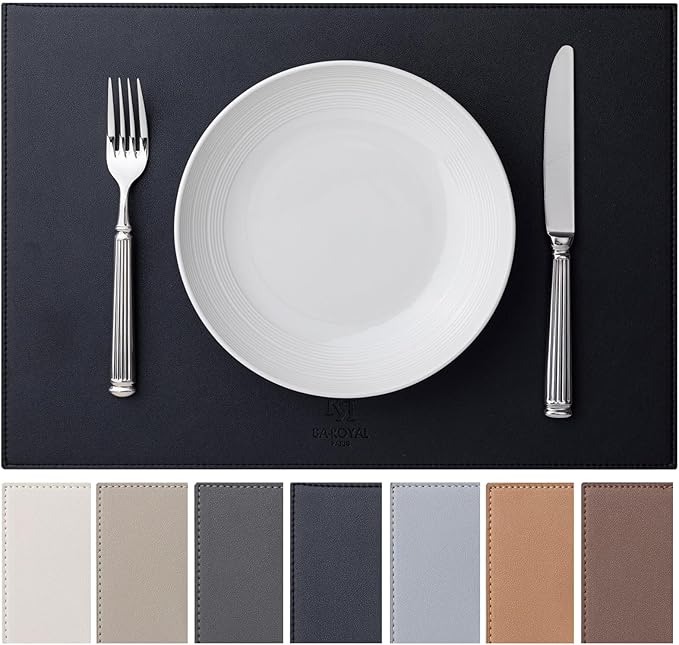 Faux Leather Placemats Set of 6 Vinyl Washable Wipeable Table Mats for Kitchen Dining Table Heat Resistant Waterproof Modern Indoor/Outdoor Placemats Non-Slip Easy Clean Place Mats (Black)