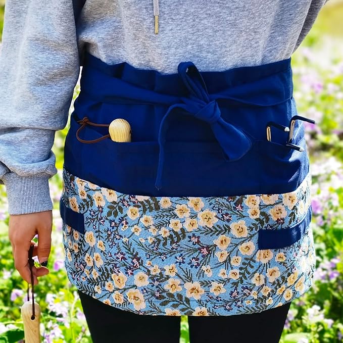 Garden Apron for Woman, Serve Apron Cute, Flora Half Apron with 8 Pockets, Valentines Gift for Mom Wife Girlfriend