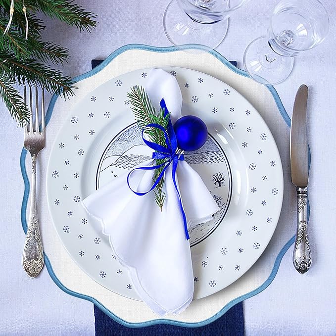 Set of 6 Scallop Linen Placemats, 15 Inch Blue and White Round Placemats Cotton Linen Table Mats Handcrafted Machine Washable Wrinkle Free Dining Placemat for Hotel Restaurant Kitchen