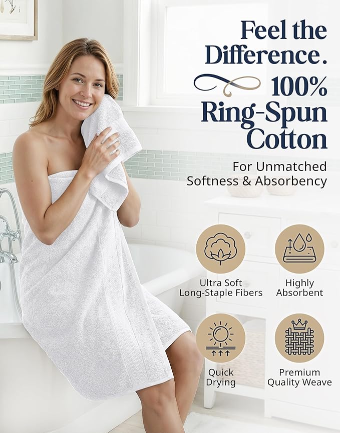LANE LINEN 100% Cotton Bath Towel Set - 16 Pieces - Super Soft, Highly Absorbent & Quick Dry - 4 Bath, 8 Washcloths, 4 Hand Towels for Bathroom - Hotel Quality, Ideal for Spa, Gym & Travel - White