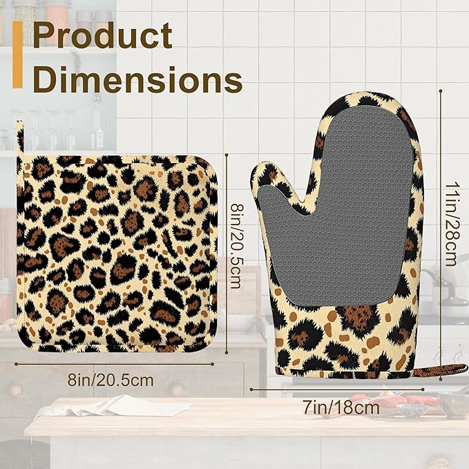 Leopard Print Oven Mitts and Pot Holders Sets of 4, Heat Resistant Silicone Oven Mitts Gloves Non-Slip Kitchen Mittens Potholders for Cooking Baking Grilling BBQ