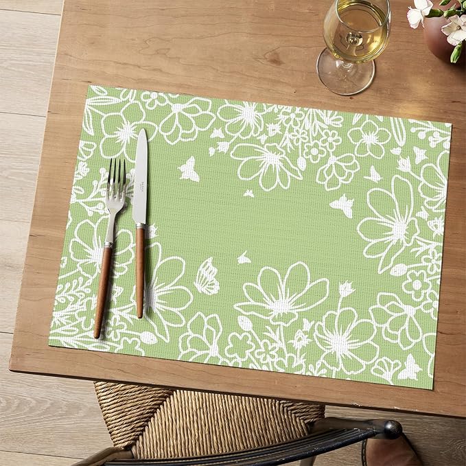 Artoid Mode Green Weed Wild Flower Placemats Set of 4, 12x18 Inch Plastic Woven Washable Non-Slip PVC Place Mats for Party Kitchen Dining Decor