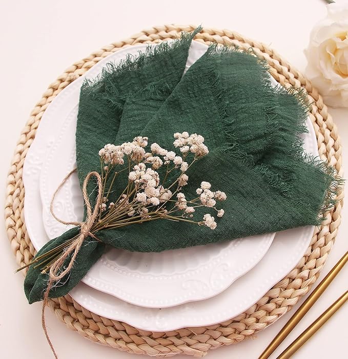 Cloth Napkins with Fringe Set of 12,100% Natural Soft Cotton,Spring Washable Gauze Napkins for Wedding Decorative, Dinner Parties, Bridal Shower Baby Shower, Dark Green
