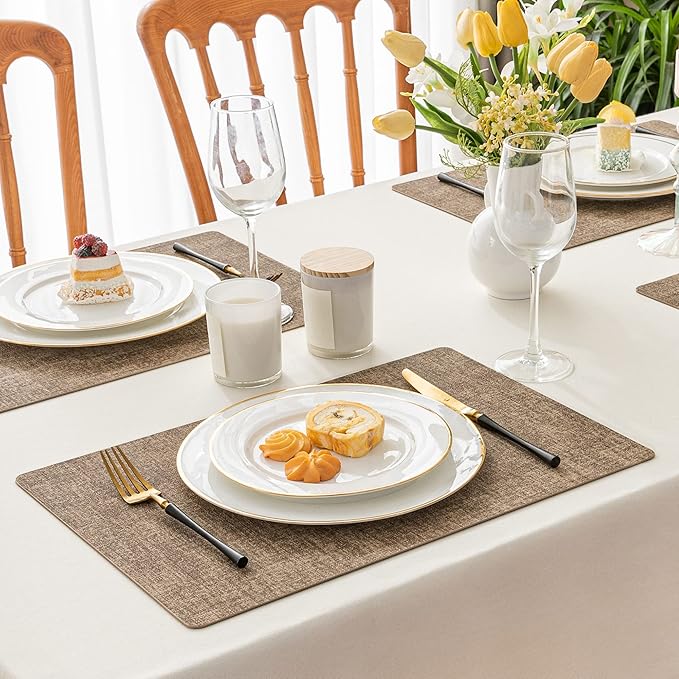 Romanstile Vinyl Placemats Set of 8-12 X 17 Inch - Faux Leather 100% Waterproof Oil-Proof Wipeable Place Mats, Heat Resistant Reversible PU Table Mats for Kitchen Dining Party Outdoor, Coffee