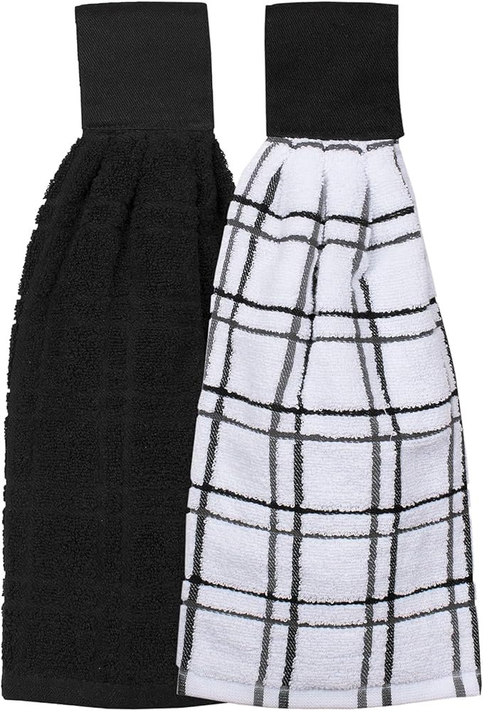 Ritz Premium 100% Cotton Solid and Multi Check Kitchen Tie Towel, Absorbent, Super Soft, and Fast Drying Hang Towel, Set of Two, Black