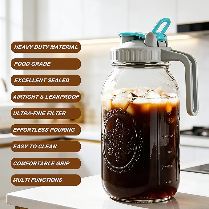 Mason Jar Cold Brew Coffee Maker 64 OZ ( 2 Quart ) Wide Mouth Cold Brew Pitcher With Stainless Steel Fine Mesh Filter Airtight & Leakproof Mason Jar Pitche For Coffee, Iced Tea, Sun Tea, Lemonade