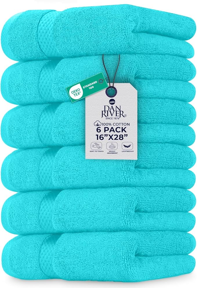 DAN RIVER 6-Pack Premium Hand Towels (16x28 Inches) - 100% Cotton, Ultra Soft, Lightweight, Highly Absorbent Towels for Bathroom, Spa, Gym, Salon, Hotel, and Travel - Turquoise
