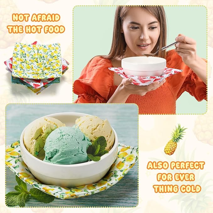 CHENGU 4 Pcs Fruit Cotton Microwave Bowl Cozy Holders for Hot Food Hot Pad Soup Bowl Potholder Heat Resistant Multipurpose Quilted Safe Holder for Kitchen Plate Supply Fruit Colors