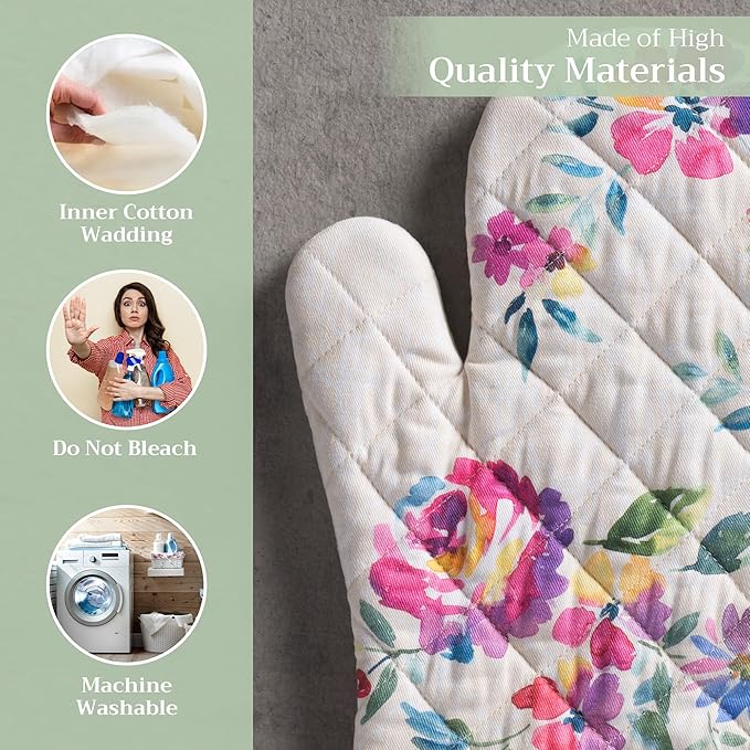 Maison d'Hermine Oven Gloves 100% Cotton Oven Mitt 7" x 13" with Loop Heat Resistant BBQ Cooking Gloves Baking Grilling Gifts for Mothers Day Spring/Summer (Pack of 1, Rose Garden)