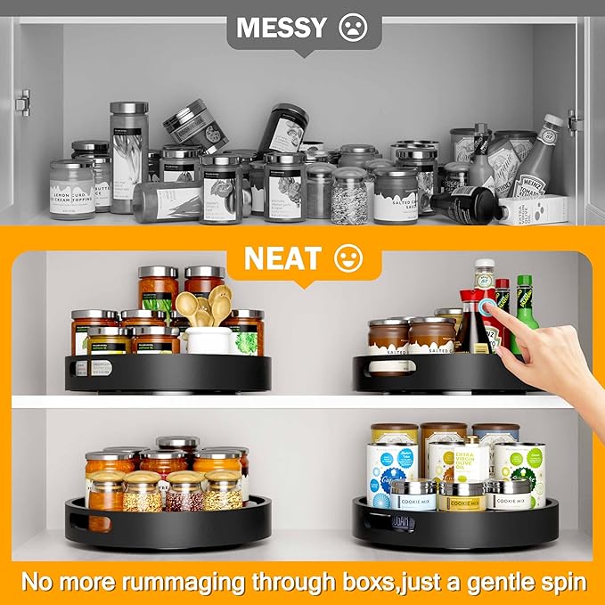 Lazy Susan Organizer Homerays 13 Inch Non-Skid Bamboo Lazy Susan for Kitchen Rotating Spice Rack with Handles, Wood Turntable for Kitchen Cabinet,Countertop (Black, Large)