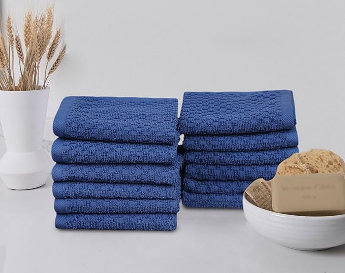 COTTON CRAFT Euro Spa Waffle Wash Cloth - Set of 12 Luxury Pure Ringspun Cotton Waffle Weave Bathroom Face Towel - Everyday Absorbent Hotel Gym Shower Beach Kitchen Travel Dorm - 12x12 inches - Blue