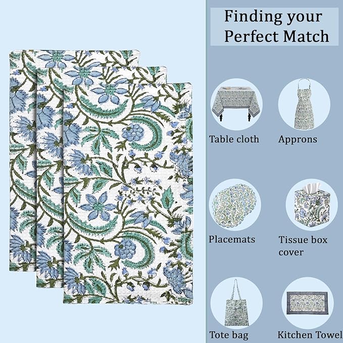 Ridhi Columbia Blue Hand Block Print Cotton Waffle Dish Cloth Set of 6-12x12 Inch Super Absorbent, Soft, Reusable Kitchen Towels for Dish Drying Cleaning, Ideal for Spring, Easter, Valentine