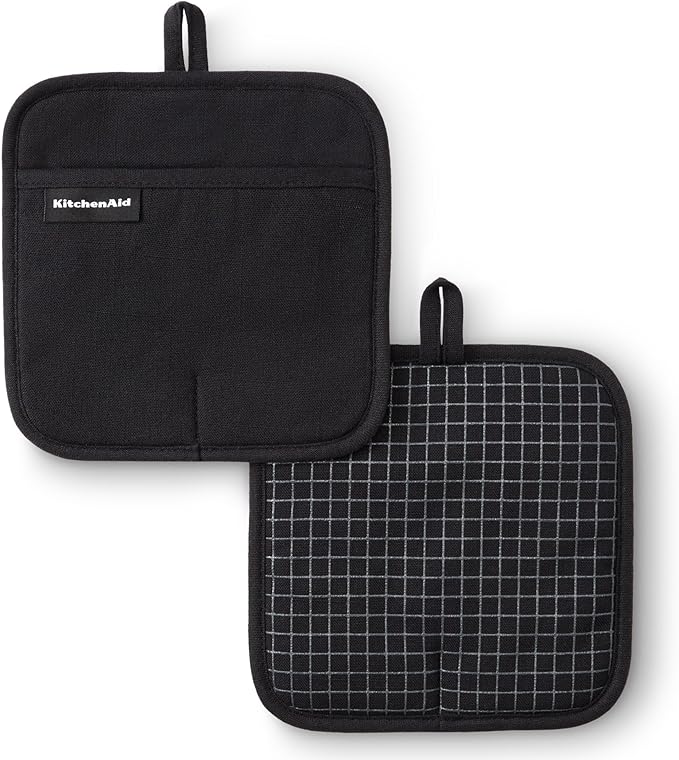KITCHENAID Gourmet Series Gridlines Pot Holders 2-Pack Set, Heat Resistant up to 600°F, Soft Silicone Grip, Magnetic Cuff, Matte Black, 8"x8"