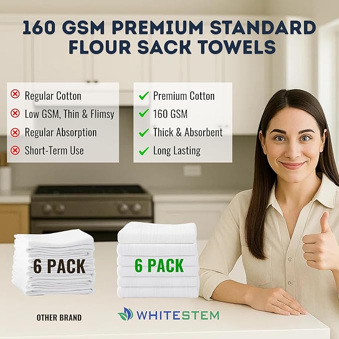 Flour Sack Towels 18” x 28” – Pack of 6 Cotton Kitchen Towels, Dish Towels and Tea Towels for Embroidery, Thick Absorbent for Baking & Bread Proofing - White