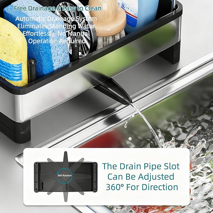 304 Stainless Steel Sink Caddy with Auto-Drain, Rustproof Kitchen Sink Organizer, Sponge Holder with Removable Brush & Towel Rack, Countertop Storage for Soap Dispenser, Kitchen Accessories, Black
