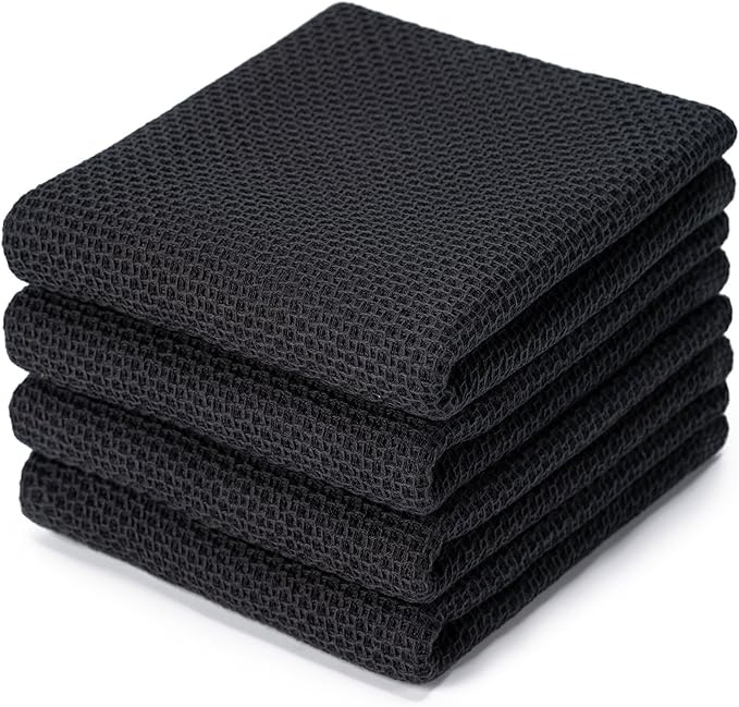 BOOMIBOO 4-Pack Dish Towels, 100% Cotton Waffle Weave, Ultra Soft Absorbent, Quick Drying, Black, 13x28 Inches