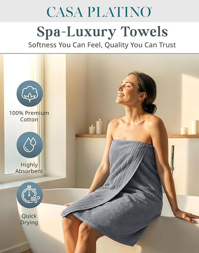 Casa Platino Premium Cotton Towels Set for Bathroom - 8 Pc Value Pack - Mercerized, Soft & Quick Dry - 2 Bath, 4 Washcloths, 2 Hand Towels - Oeko TEX Certified, Tumble Dry Safe & Durable - Cool Grey