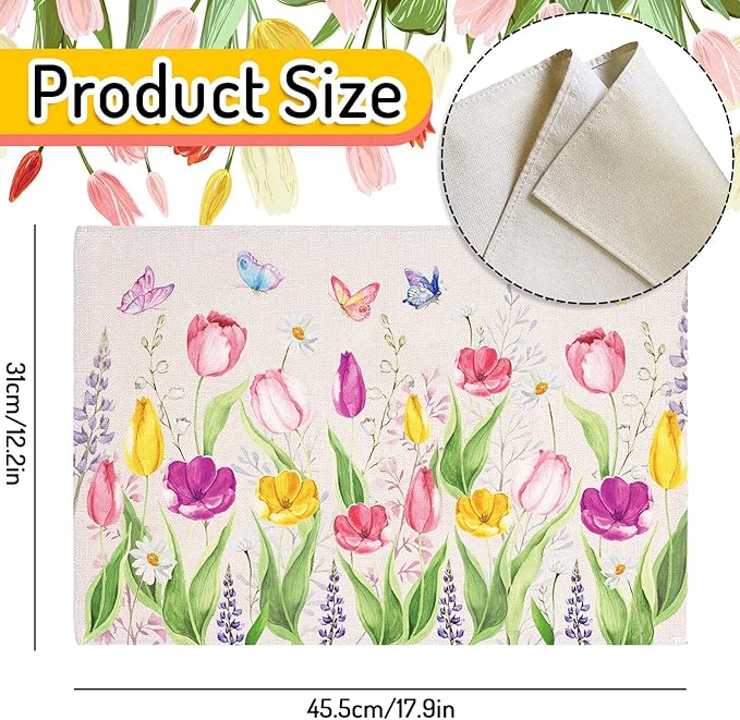 Whaline Set of 6 Spring Tulip Placemat Floral Butterfly Linen Place Mats Summer Waterproof Kitchen Table Mats for Seasonal Indoor Outdoor Home Party Dining Table Decoration, 17.9 x 12.2 Inch