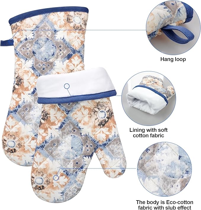 Oven Mitts and Pot Holders with Cooking Apron Set of 5, Heat Resistant Kitchen Gloves and Silicone Non-Slip Potholders, Adjustable Neck Buckle Chef Apron, Cotton Nice Design for Cooking (Blue Retro)