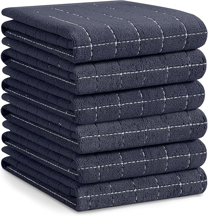 Homaxy 100% Cotton Terry Kitchen Towels(Dark Grey, 20 x 28 inches), Checkered Designed, Soft and Super Absorbent Dish Towels, Large 6 Pack