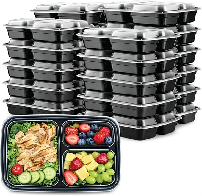 Meal Prep Containers with Lids, Reusable 3-Compartment Food Storage, Sturdy Leakproof & Food Safe, Microwave Freezer Dishwasher Safe, To-Go Takeout Plastic Containers, 50 Pack (100-Piece) – 60827