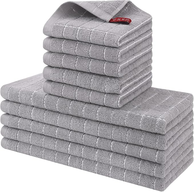Homaxy Kitchen Towels and Dishcloths Set, 12 x 12 and 13 x 28 Inches, Set of 10 Bulk Cotton Terry Kitchen Towels Set, Checkered Designed, Soft and Super Absorbent Dish Towels, Light Grey