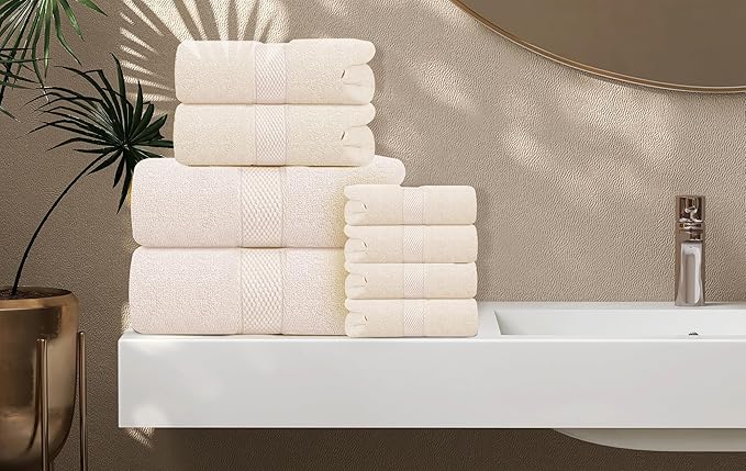 Oakias Premium Towel Set 600 GSM 6 Piece Sea Salt - 100% Ring Spun Cotton Highly Absorbent Towels Set - Super Soft Bathroom Towel Set - Hotel Quality Double Stitched Hem - Ideal for Hotels, Spa, Gyms