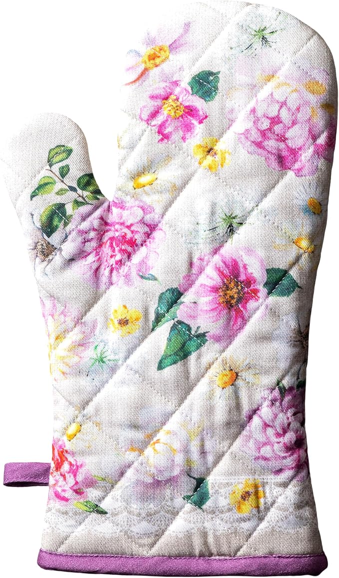 Maison d'Hermine Oven Gloves 100% Cotton Oven Mitt 7" x 13" with Loop Heat Resistant BBQ Cooking Gloves Baking Grilling Gifts for Mothers Day Spring/Summer (Pack of 1, Pivoine)
