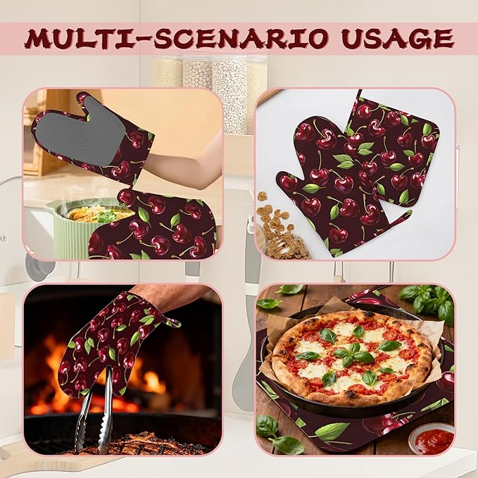 Red Cherry Heat-Resistant Silicone Oven Mitts and Pot Holders,Long Oven Gloves with Non-Slip Grip for Cooking, Baking, Grilling,BBQ