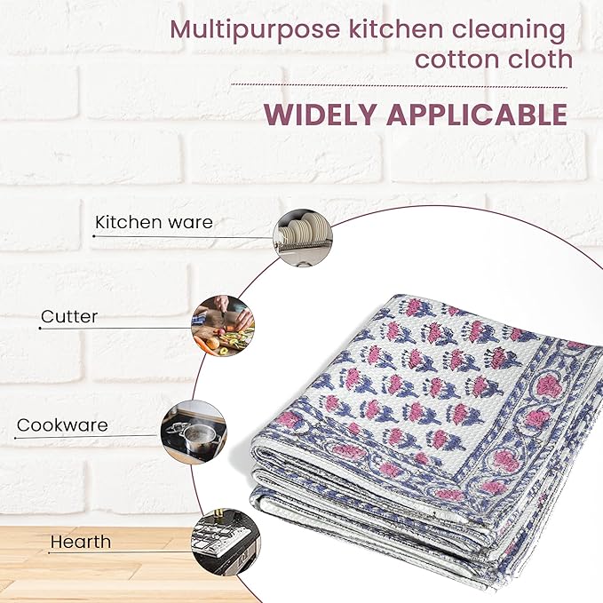 CPC Pink Sapphire Hand Block Print Waffle Kitchen Towel Set of 3-16 x28 Ultra Absorbent Quick Dry Microfiber Dish Towels Lightweight Reusable Sustainable Tea Towels for Cleaning and Drying