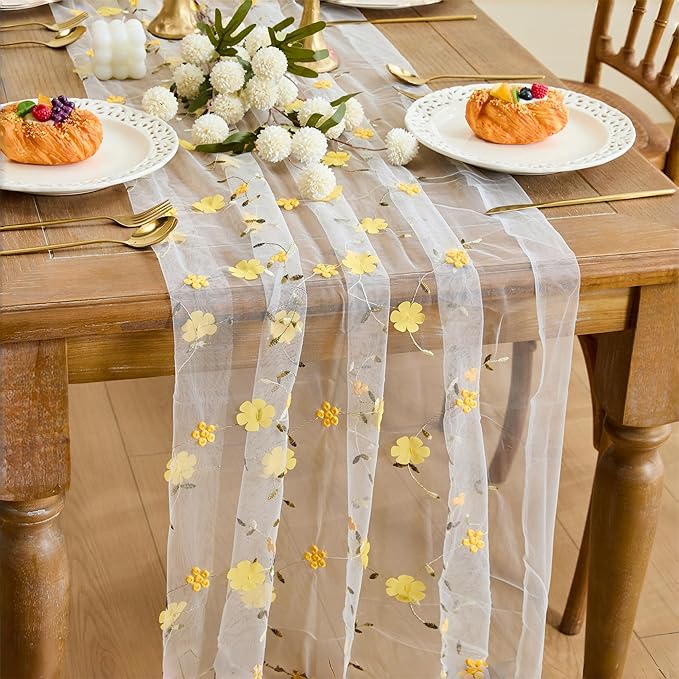 YATOJUZI Floral Table Runner Rustic Stereoscopic Embroidery Summer Decorations Seasonal Tulle Dining Table Runners for Home Kitchen Decor Wedding Shower Party