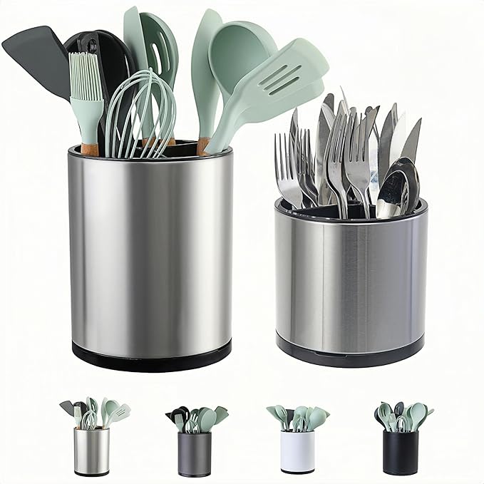 LIBODOUR Utensil Holder,Extra Large Utensil Holder for Kitchen Counter, Silverware Organizer, Stainless Steel Storage Cooking Caddy Flatware Spoon Spatula Tool Cutlery Container(2 Set)