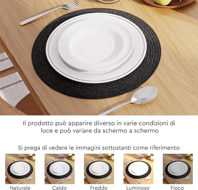 Encasa XO Dining Placemats Set of 6 | Cotton Round Table Mat - 13 in Diameter | Black | Handmade Rib Style Chargers for Dinner Plates