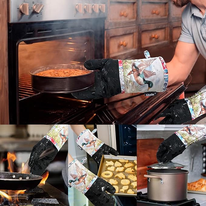 Alselo Oven Mitts, Heat Resistant with Soft Quilted Cotton Lining Set of 2, Fashion Duck Design with Silicone Printing Anti-Slip Kitchen Gloves for Safe Backing Cooking Barbecue (Darkgray, Duck)
