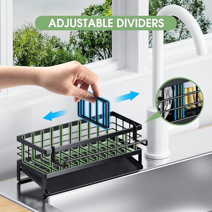 Self-Draining Kitchen Sink Caddy, Rustproof Non-Slip Metal Sponge Holder with Detachable Dish Cloth Holder (Black)