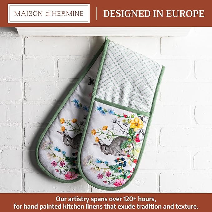 Maison d' Hermine Double Oven Mitts 100% Cotton 7"x35" Double Oven Mitt Heat Resistant BBQ Cooking Gloves with Loop Baking Grilling Gifts for Mothers Day Spring Summer (Printemps)