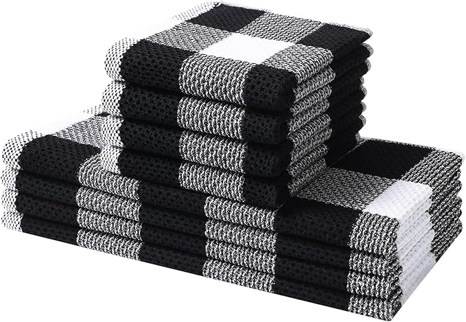 Mordimy Kitchen Towels and Dish Cloths Set, 28 X 13 Inch and 12 X 12 Inch, Set of 8 Soft and Super Absorbent Dish Towels for Drying Dishes, Black & White