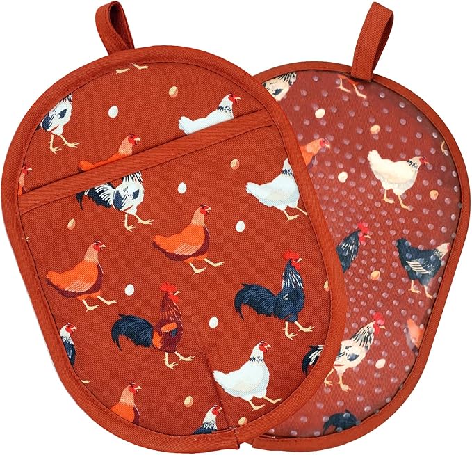 Pot Holders Set of 2 with Transparent Clear Silicone Shell and Nice Dog Flower Cotton Lining, Heat Resistant to 500 F Kitchen Oven Gloves Pot Holder for Cooking (Rooster, Potholders)