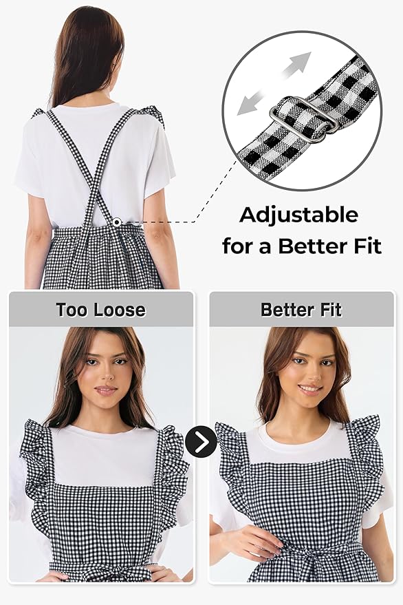 Vintage Gingham Apron for Women, Ruffle Straps, 2 Pockets, Soft Cotton, Apron Dress Style for Cooking & Baking
