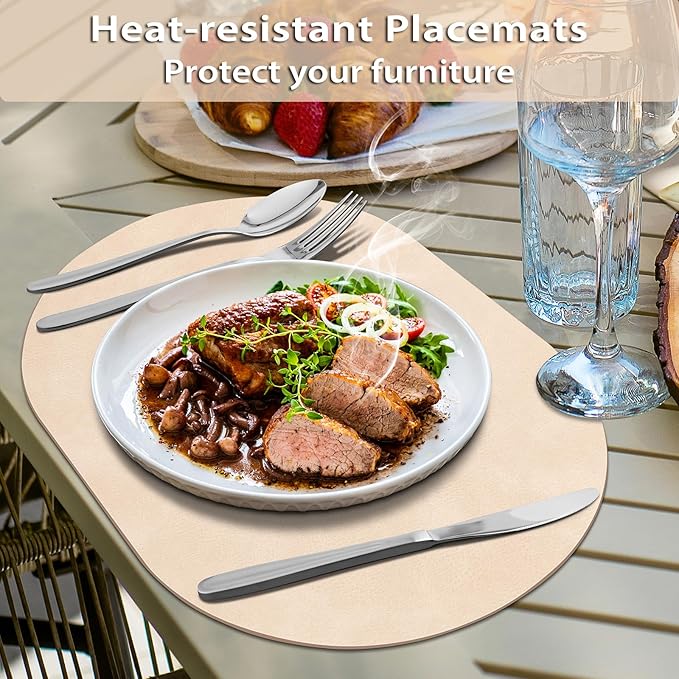 ADRIMER Placemats, Heat Resistant Oval Placemats Set of 12 Washable 12 x 17 Inch, Waterproof Table Mats, Wipeable Pu Place Mats for Kitchen, Dining Room, Beige