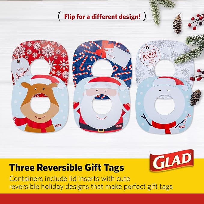 Glad GladWare Holiday Food Storage Containers with Reversible Gift Tags, Large Square BPA Free Plastic for Holiday Cookies and Gifting, Microwave Freezer Dishwasher Safe, 42 Oz, 3 Count