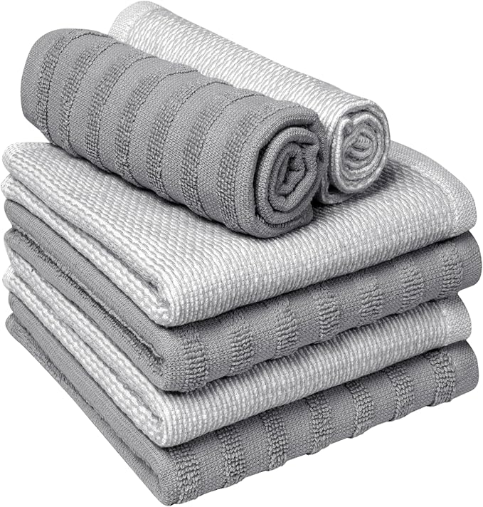 Bumble Premium Dish Cloths 13"x13" (6 Pack) | 100% Natural Ring Spun Cotton | 400 GSM | Highly Absorbent & Soft |Yarn Dyed & Solid Dyed Terry Dish Cloth Set - Grey